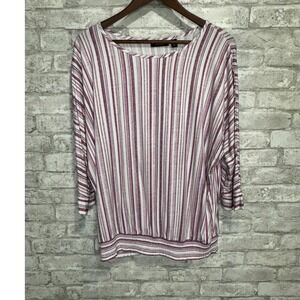 Susan Graver Weekend Popover Top Pink White Stripe 3/4 Sleeves Bubble Hem Size M